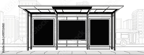 Line art bus stop shelter with three billboards, bench, and cityscape background