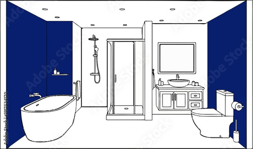 Modern bathroom with bathtub, shower, vanity, and toilet