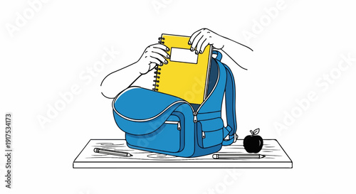 Hands place a yellow notebook into an open blue backpack on a wooden desk