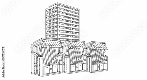 Modern building overlooks row of classic beach huts