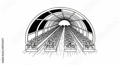 Greenhouse tunnel with rows of strawberry plants in planters