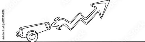 Single one line drawing of cannon ball weapon with arrow symbol bullet missile. Business finance growth minimal concept. one line Icon drawing