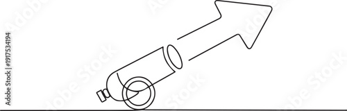 Single one line drawing of cannon ball weapon with arrow symbol bullet missile. Business finance growth minimal concept. one line Icon drawing