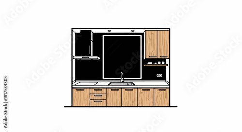 Modern kitchen counter with cabinets, sink, and window illustration