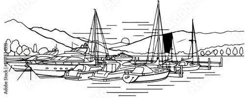 Line art depiction of a harbor filled with various yachts and sailboats