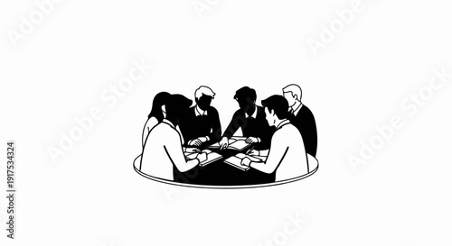 Group of people in formal attire gathered around a table discussing documents