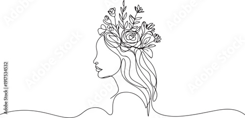 One continuous line drawing minimalist beauty nature cosmetic hairstyle. Flower bouquet in woman head abstract face concept. Wall decor print. one line Icon drawing