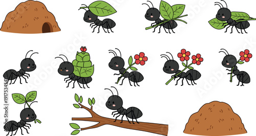 Cartoon illustration of ants carrying leaves, flowers, and branches with ant hills, teamwork insect character design for education