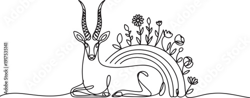 Continuous line drawing of elegant antelope with tall horns lounging on a rainbow arc decorated with blooming meadow flowers. Nature concept. one line Icon drawing