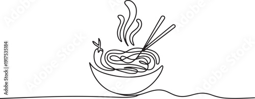 Single continuous line drawing of stylized hot spicy noodles logo label. Emblem fast food restaurant concept. Modern one line draw design. one line Icon drawing