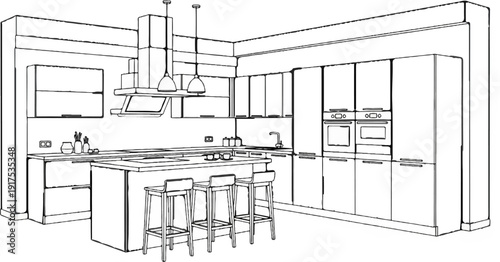 Modern kitchen with island, stools, and built-in appliances