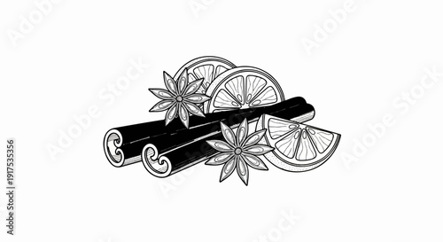 Line art illustration of cinnamon sticks, star anise, and orange slices