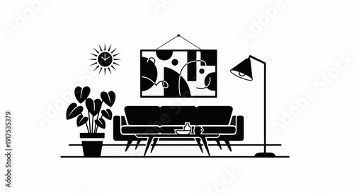 Modern living room interior scene with abstract art and plants