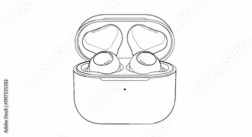 Line art illustration of open charging case with two wireless earbuds inside