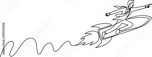 Single continuous line drawing businessman riding magic carpet rocket flying in the sky. Startup business acceleration concept. one line Icon drawing