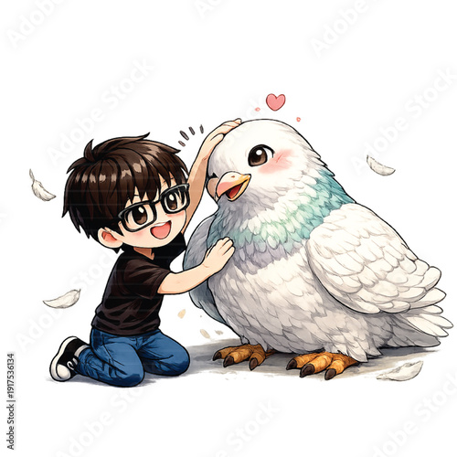 Young Man Petting White Dove Outdoors in Peaceful Setting
