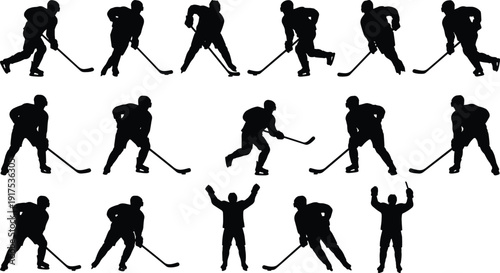 Ice Hockey Player Silhouette Set, Black and White Vector Collection of Athletes in Action Poses for Sports Design and Team Branding