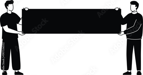 Two Men Holding Blank Horizontal Banner Mockup, Black and White Vector Illustration for Advertising, Promotion, Marketing Presentation Template Design