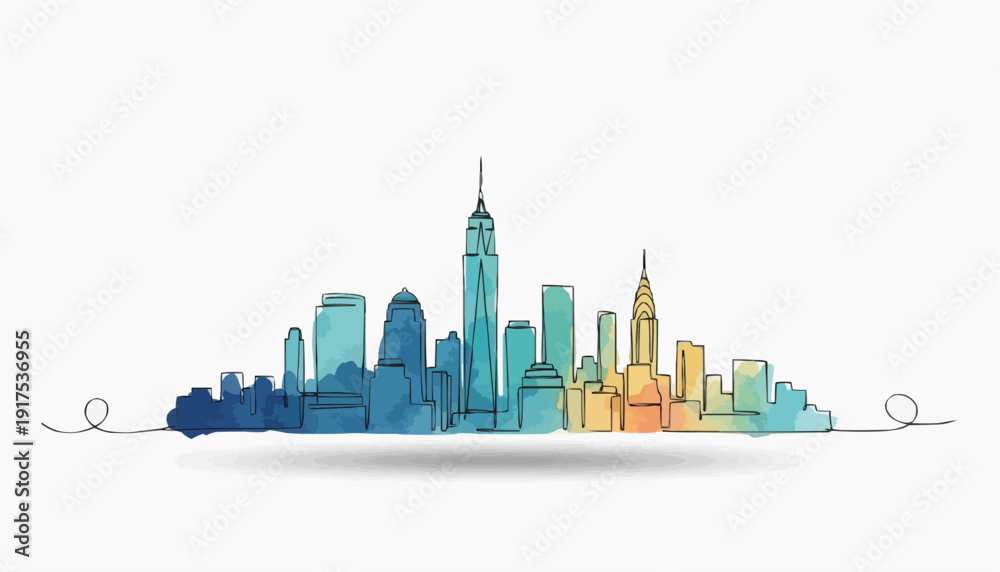 Fototapeta premium A watercolor illustration of a vibrant cityscape showcasing architectural marvels. It's a colorful skyline, inviting exploration and appreciation of urban design