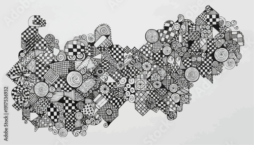 Abstract black and white geometric shapes forming a pattern, like a map on a neutral background. The artwork features a variety of geometric elements, arranged in a visually complex arrangement