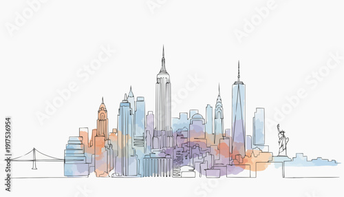 New York City Skyline with Watercolor Effect and Iconic Buildings