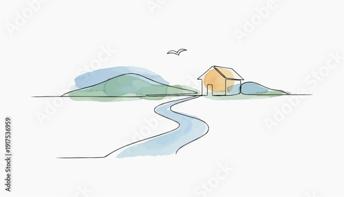 A serene countryside scene with a house, pathway and landscape illustration. A winding path leads to a charming house. The image evokes a sense of tranquility and a connection to nature.