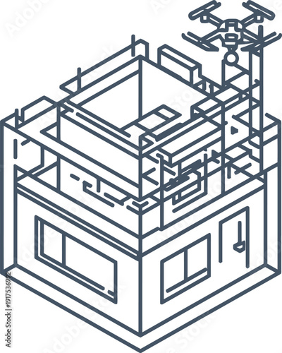 Vector illustration of a building construction site with drone, isometric view.