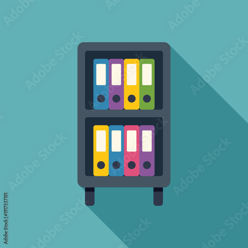 Office bookshelf storing colorful document binders on shelves