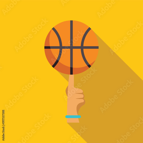 Hand balancing basketball on a finger with a long shadow on yellow background