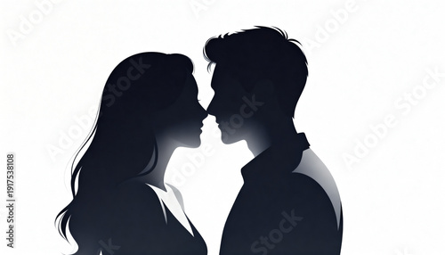Couple silhouette facing each other in romantic pose on white background  