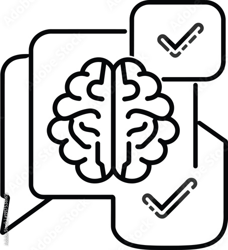 Brain with speech bubbles and check marks icon