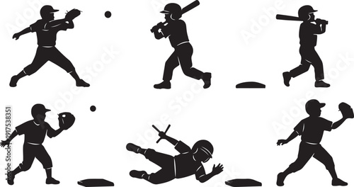 Silhouetted baseball players in action, showcasing various positions and movements