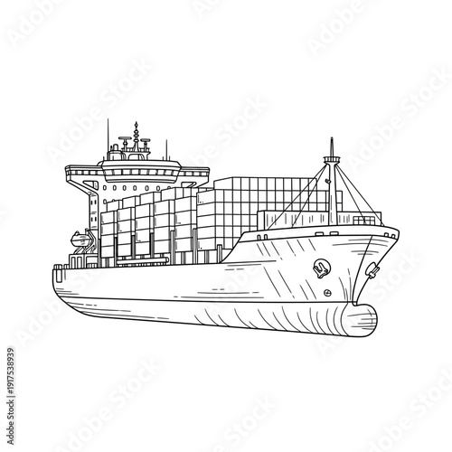 Detailed Line Drawing of a Large Cargo Ship Navigating Open Waters