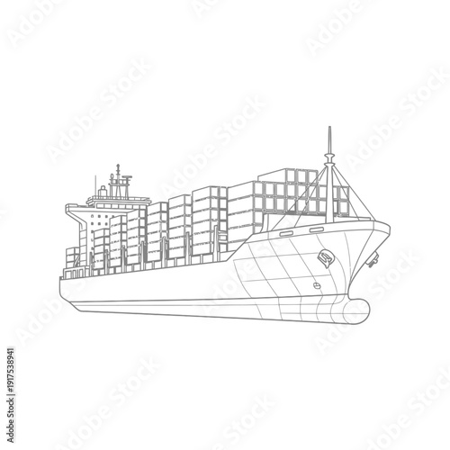Detailed Line Drawing of a Modern Cargo Ship with Containers on Open Sea