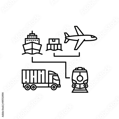 Intermodal Transportation Network Featuring Ship, Airplane, Truck, and Train