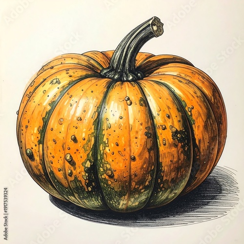 Detailed, colorful illustration of a pumpkin with green patches and a long, curving stem against a neutral background
