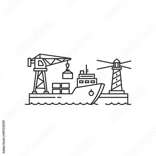 Industrial Port Scene with Crane, Cargo Ship, and Lighthouse at Dusk