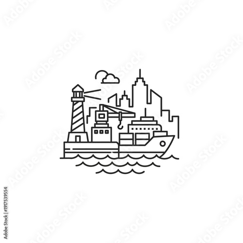 Industrial Shipping Port Scene with Lighthouse and City Skyline Illustration