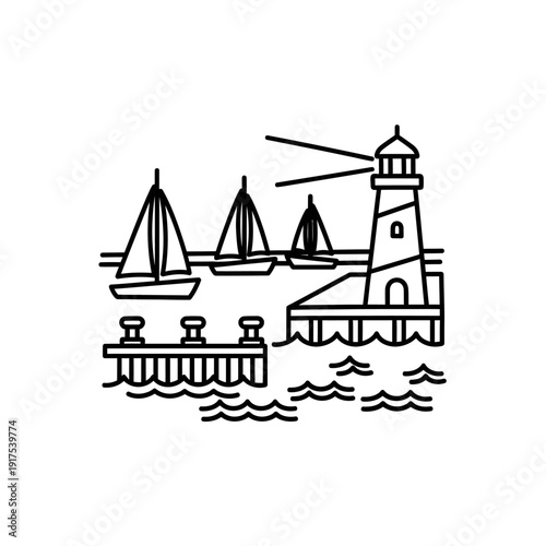 Minimalist Black and White Lighthouse Scene with Sailboats and Seaside Pier