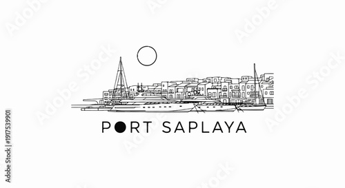 Monochrome sketch of yachts docked at a harbor with buildings in background