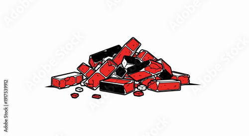 Scattered pile of red and black bricks