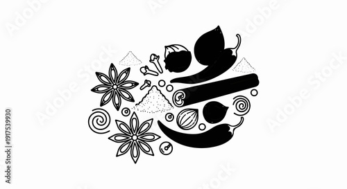 Scattered spices and herbs with star anise, cinnamon, and peppers