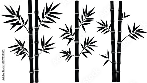 Bamboo silhouette set collection, oriental botanical stems with leaves, black tropical nature plants for design, flat vector illustration