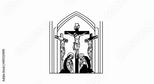 Religious scene of three crucifixions within an arched structure, mourning figures below