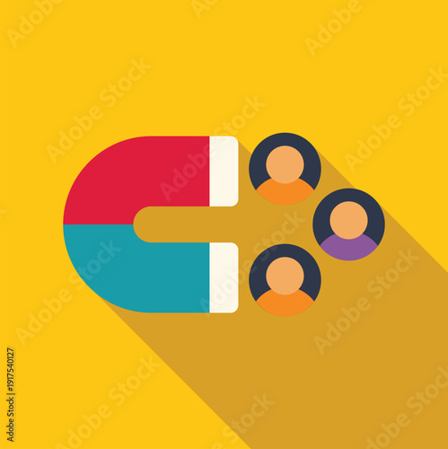 Magnet attracting abstract people icons on a yellow background, representing customer acquisition