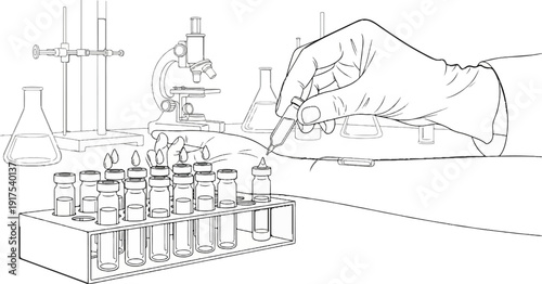 Scientific experiment in a lab with hand adding liquid to vials and microscope