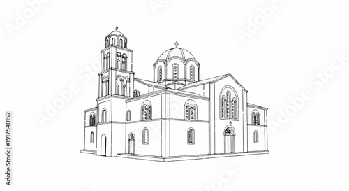 Ornate dome church with bell tower and detailed arched windows, sketched