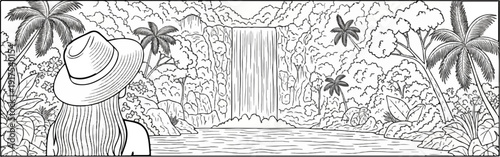 Person in a hat observes a lush jungle waterfall