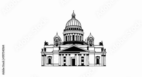 Ornate domed structure with classical columns and statues, black ink sketch