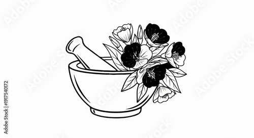 Mortar and pestle overflowing with delicate flowers and leaves